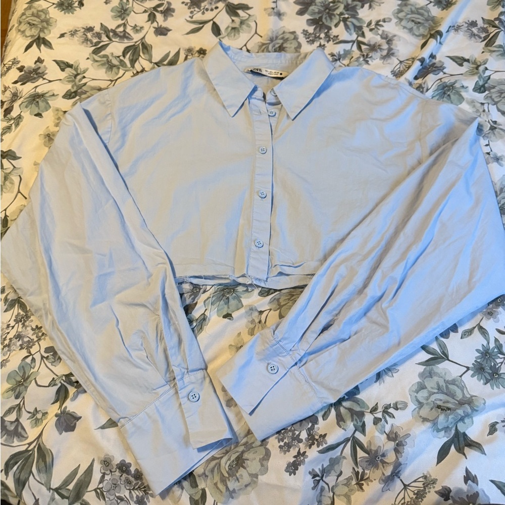 Zara Sky Blue Button-Down Crop Shirt
